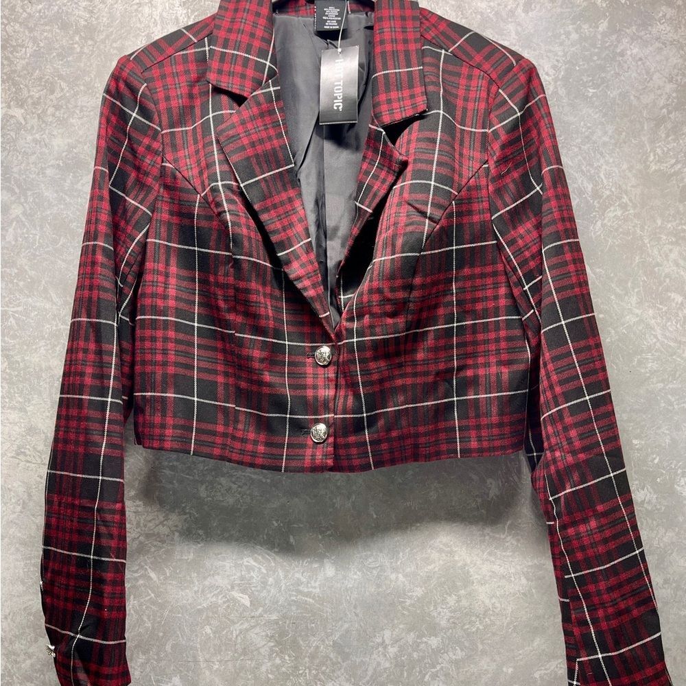 Hot Topic Social Collision Red Black and White Plaid Cropped Blazer Jacket NWT S